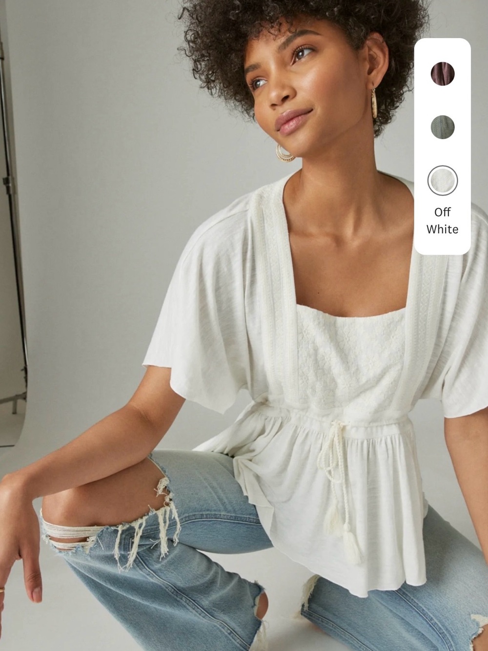 Lucky Brand Embroidered Square Neck Top Off-White Peplum Tie-Waist Women's Top S